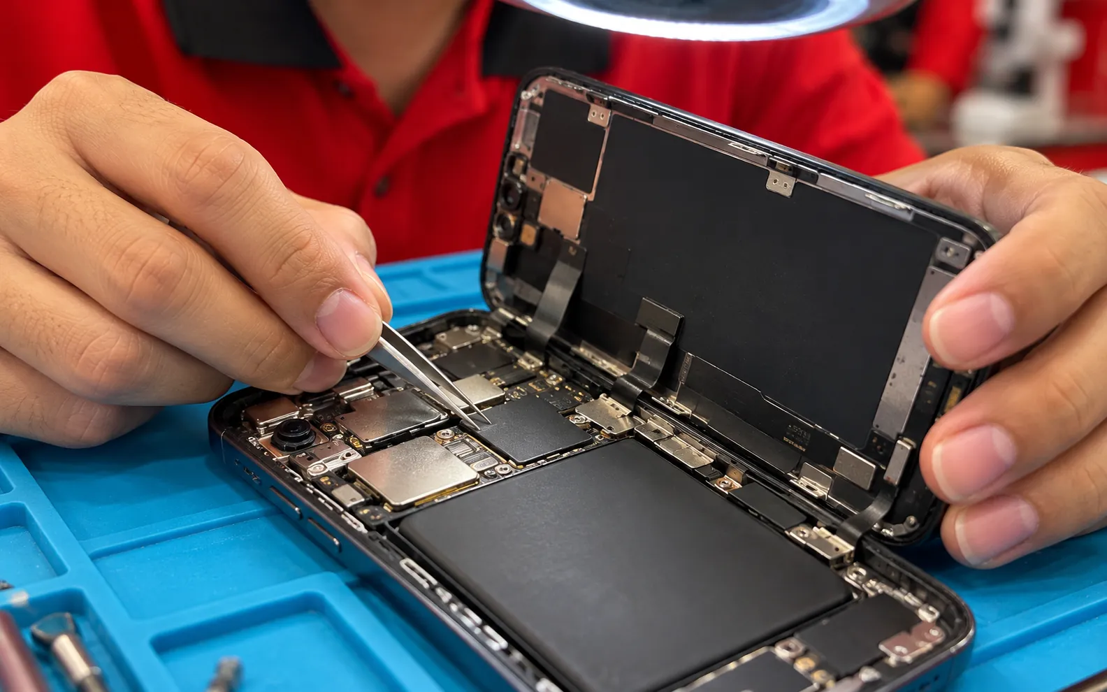 Juruteknik SPR membaiki telefon yang dibuka dengan penyepit di meja kerja