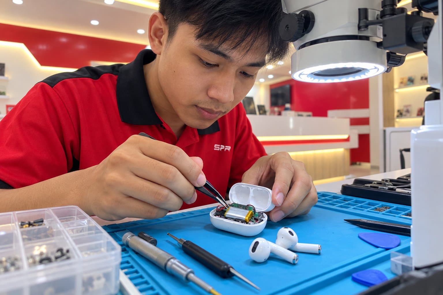 Close-up of an opened AirPods charging case and earbuds under a magnifier lamp on a repair-shop bench, a technician holding fine tweezers near the tiny battery, precision tools on a blue anti-static mat