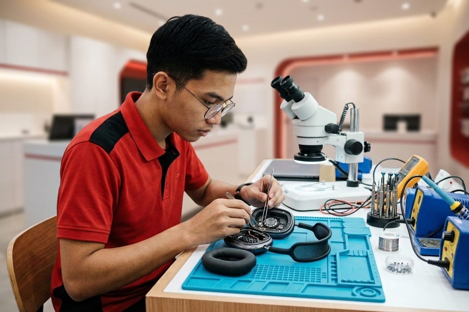 Over-ear headphones on a repair bench with one ear cushion removed exposing the driver
