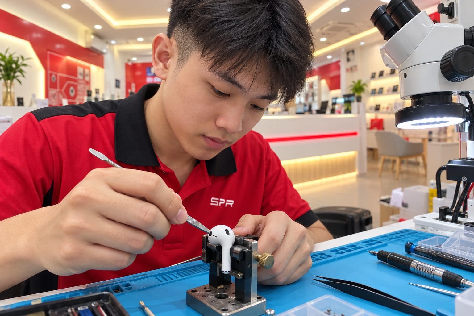 小夹具固定的单只无线耳机,细撬棒正沿缝隙开壳