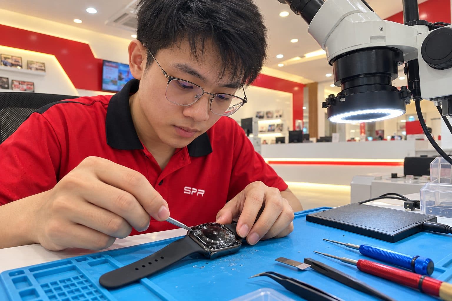 Smartwatch face-down on a soft mat with a cracked round back crystal, heat pad and pry tools beside
