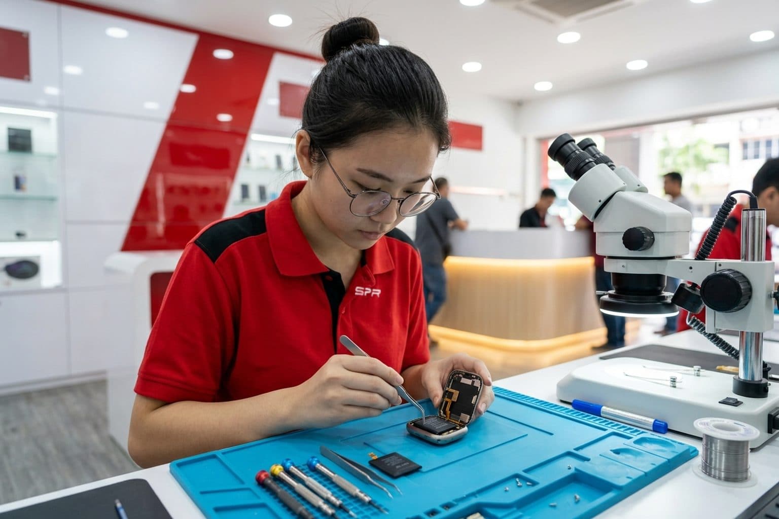 Close-up of a technician using fine tweezers to lift a tiny battery out of an opened Apple Watch on a repair-shop bench, a replacement micro battery and precision screwdriver on a blue anti-static mat