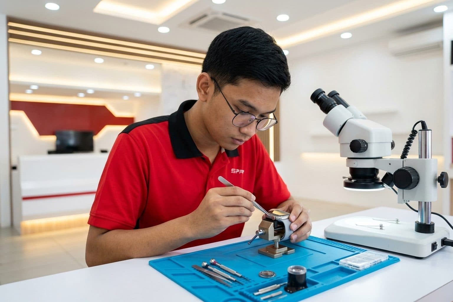 Smartwatch held in a bench clamp with fine tweezers working at the side crown, jeweller's loupe nearby
