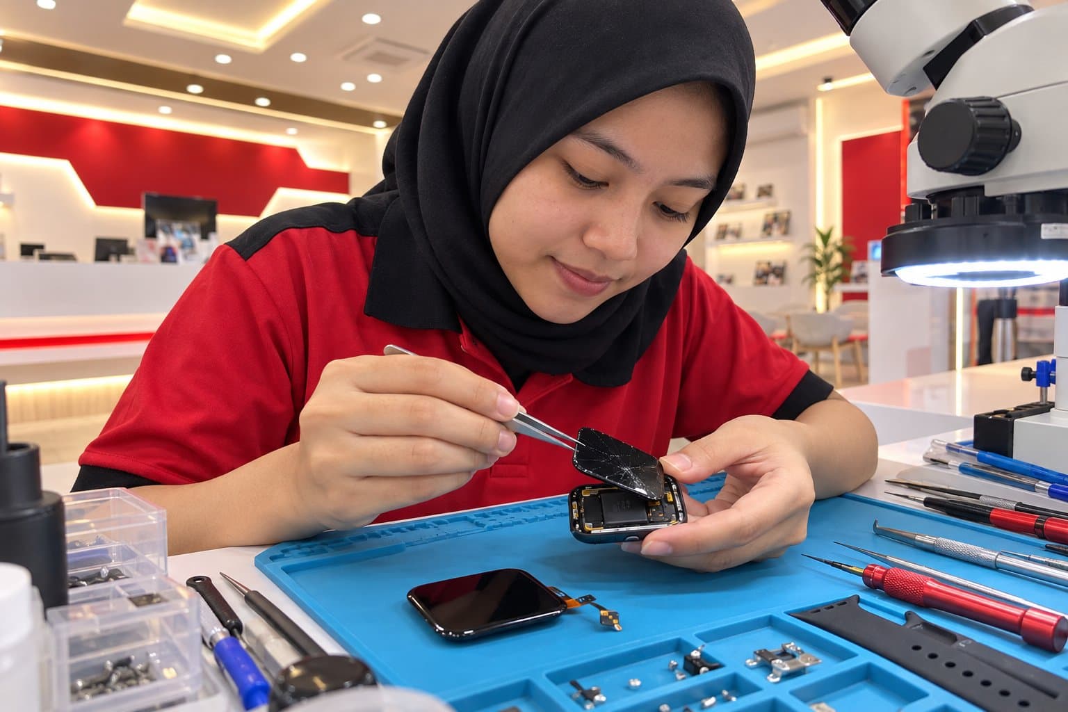 Close-up of a technician using fine tweezers to lift a tiny cracked Apple Watch display off its chassis on a repair-shop bench, a magnifier and replacement screen on a blue anti-static mat