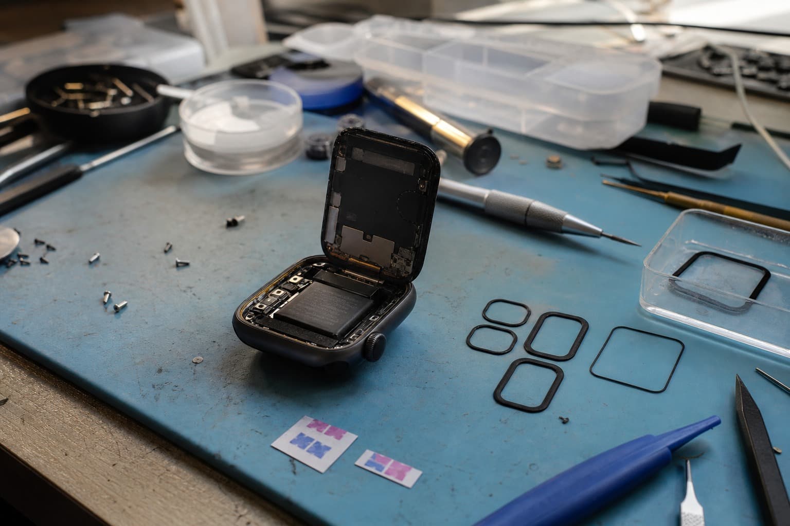 拆开的智能手表,微型密封圈按顺序排开,工作台上放着湿度指示条