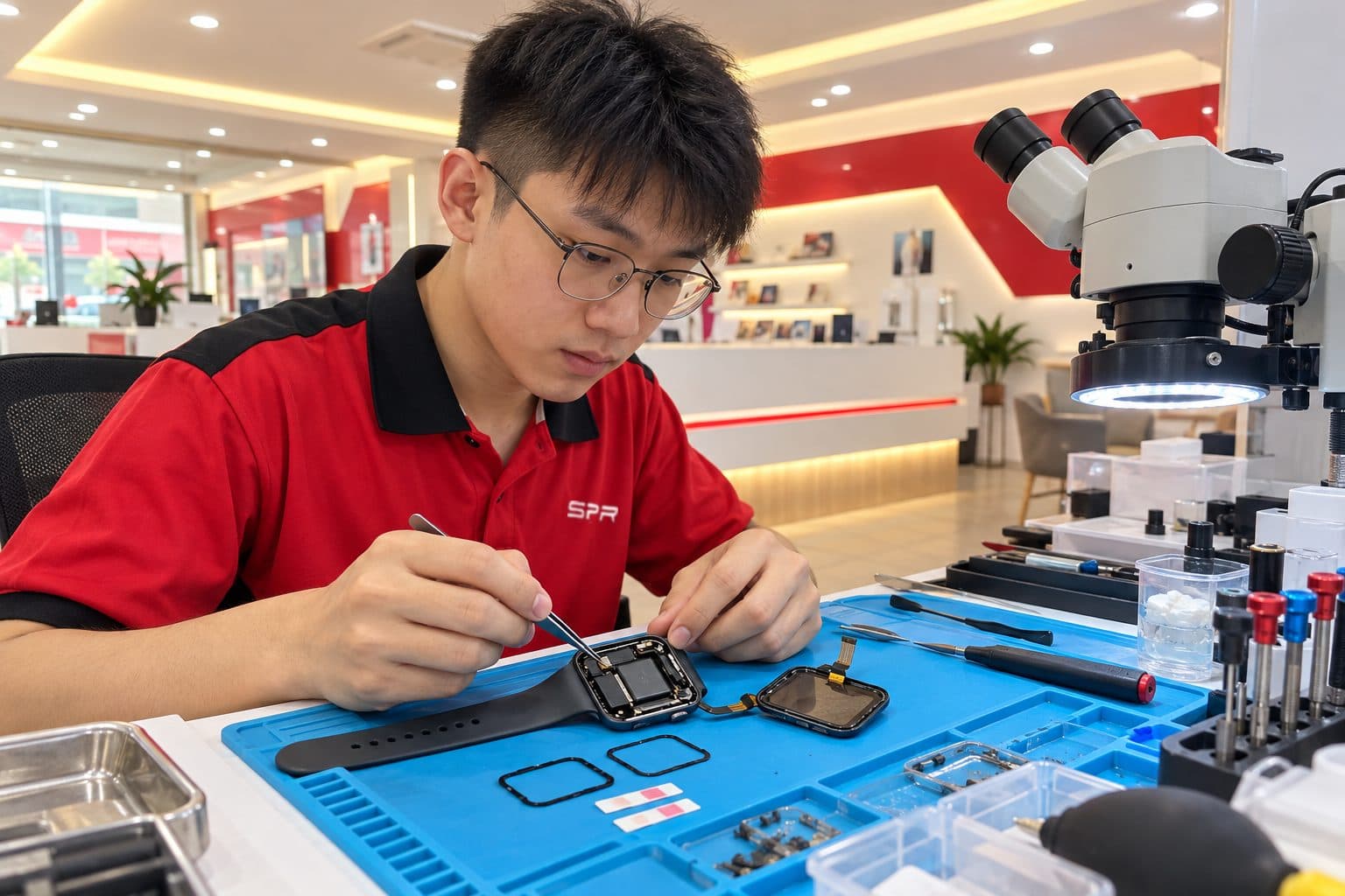 Opened smartwatch with tiny gasket seals laid out in order and moisture indicator strips on the bench