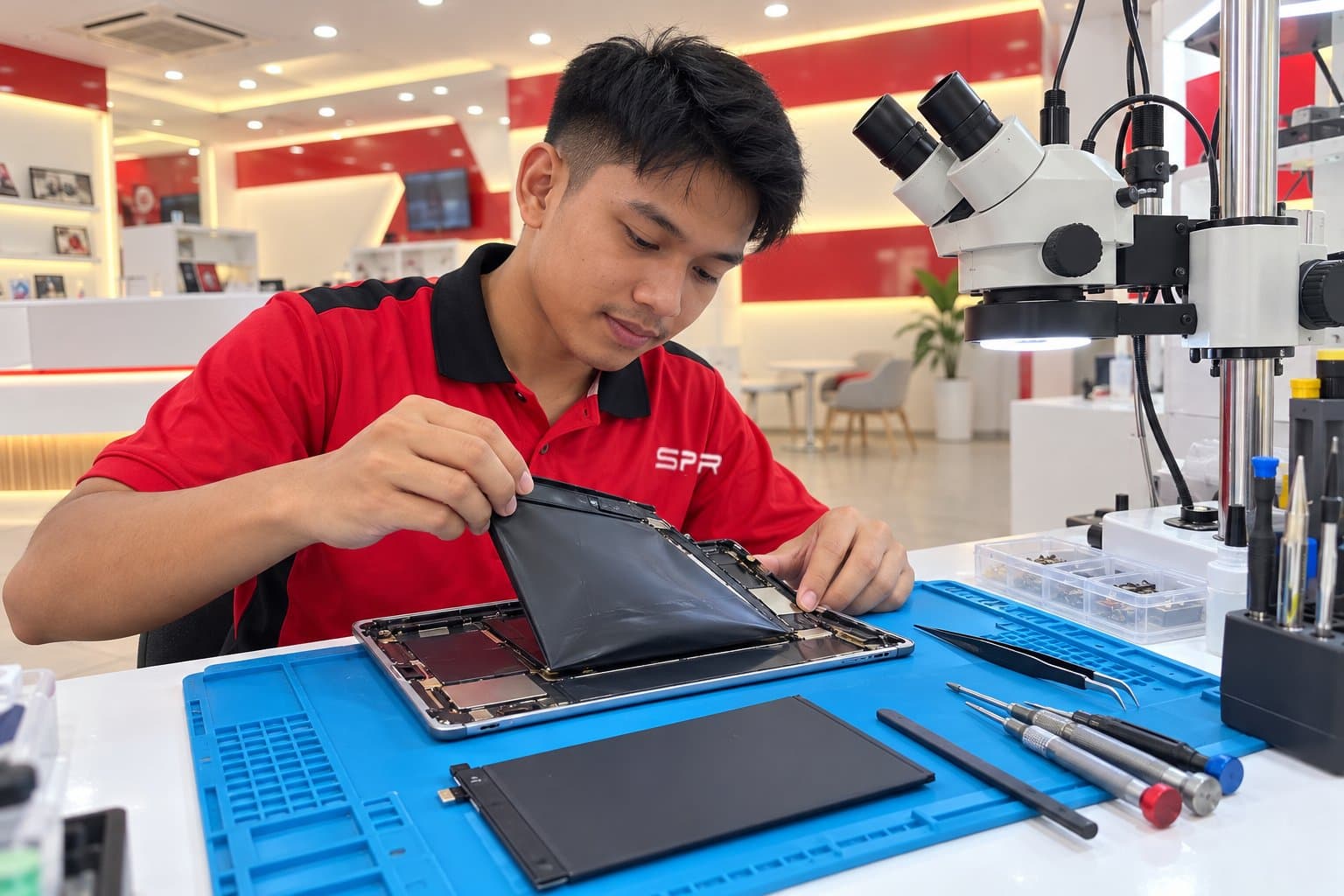 Technician lifting a swollen battery out of an opened iPad on a repair-shop bench, a replacement battery and plastic spudger on a blue anti-static mat