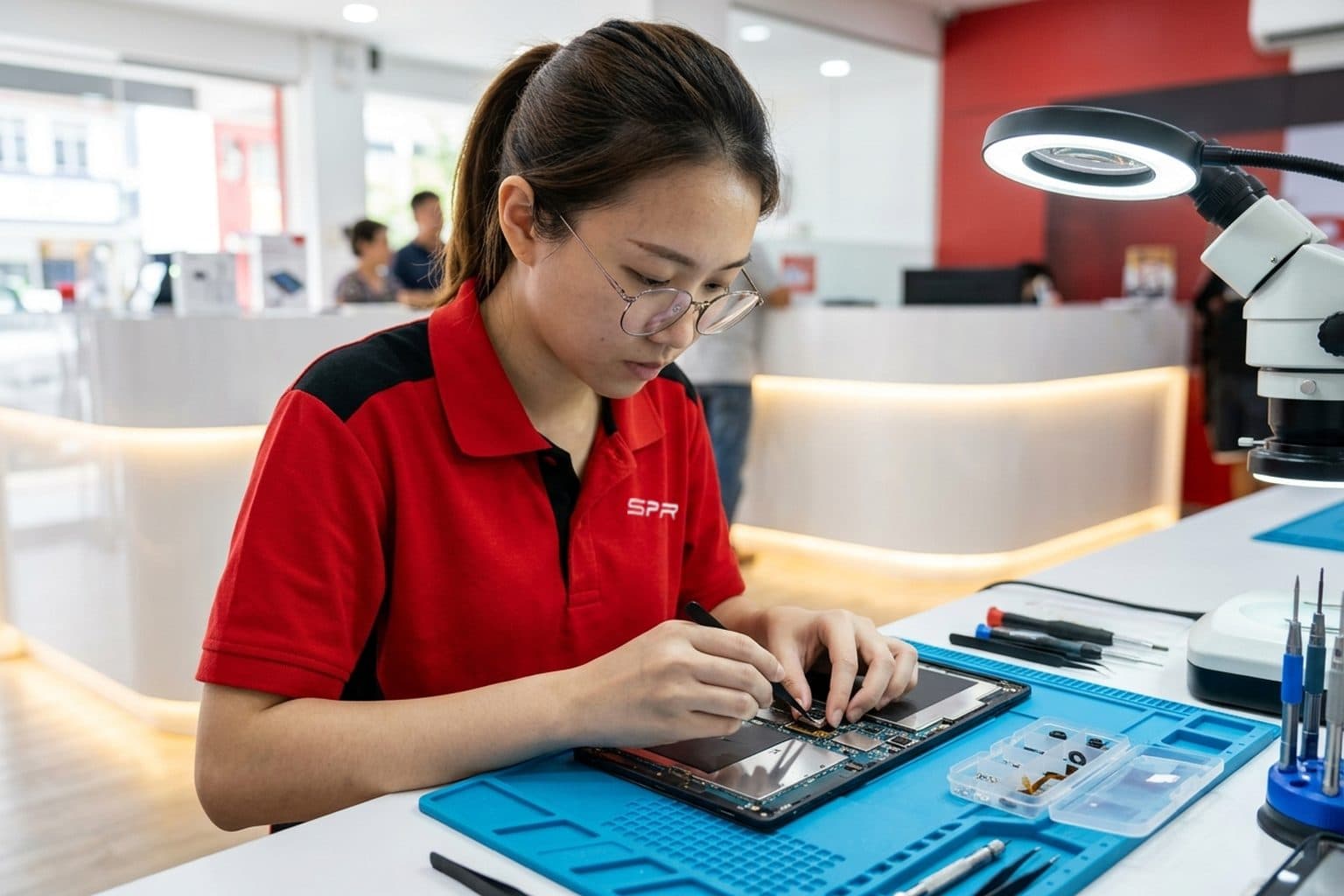 Hands replacing a tablet rear camera module with tweezers, lens modules in a parts tray