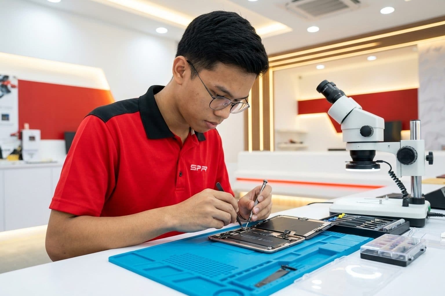 Hands repairing a tablet charging port with the port flex cable and precision screwdrivers on the bench