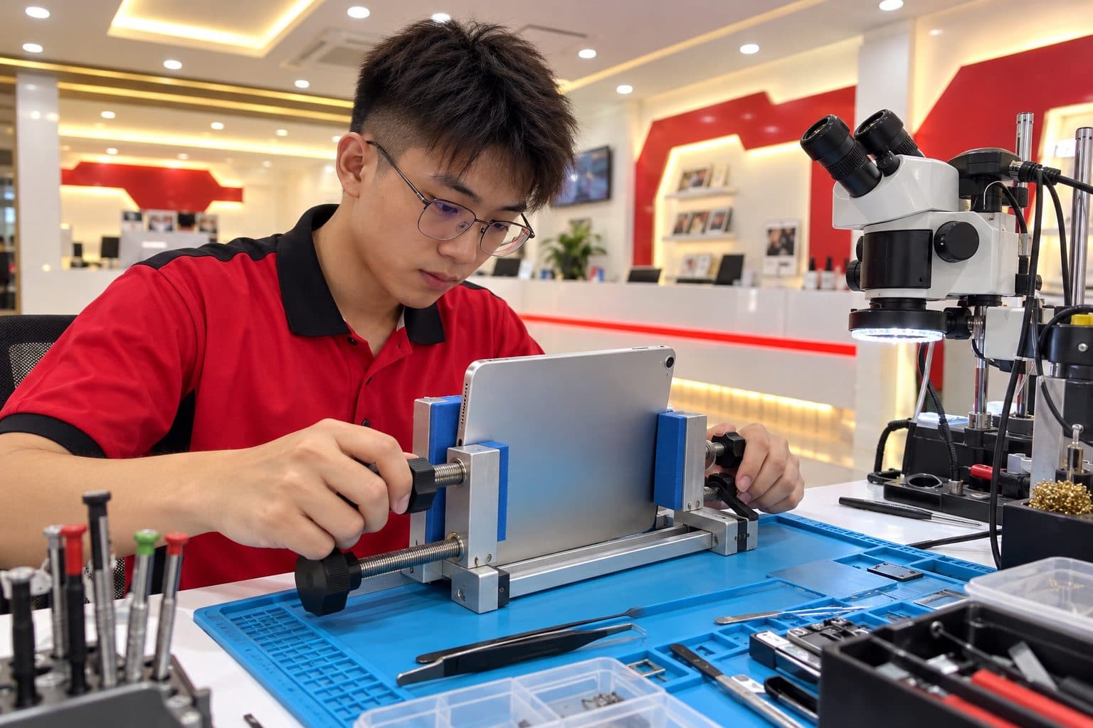 Aluminium tablet housing pressed straight with soft clamps on a repair bench
