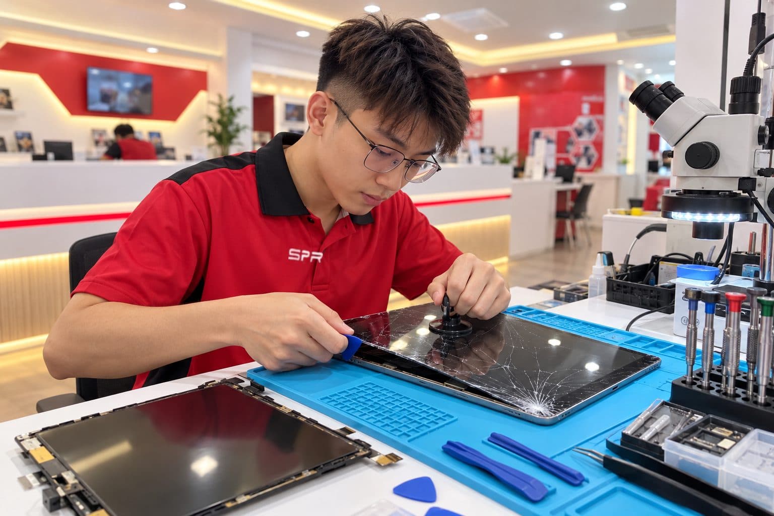 Technician at a Malaysian repair-shop bench using a suction cup to lift a cracked glass digitiser off an iPad, a replacement display panel and pry tools on a blue anti-static mat