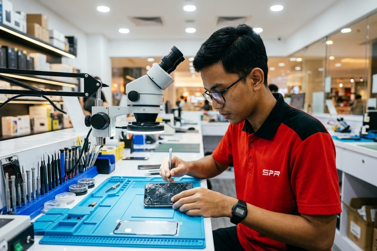 Technician working on the cracked rear glass of an iPhone on a repair-shop bench, a replacement back panel nearby