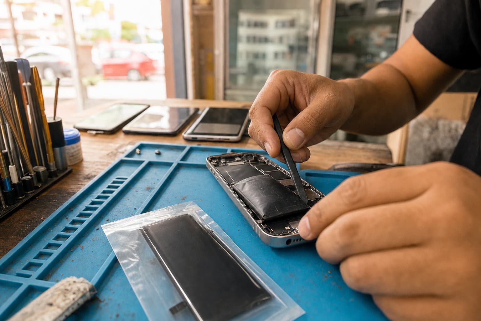 Technician lifting a worn battery out of an opened iPhone on a repair-shop bench, a replacement battery and tools on a blue anti-static mat