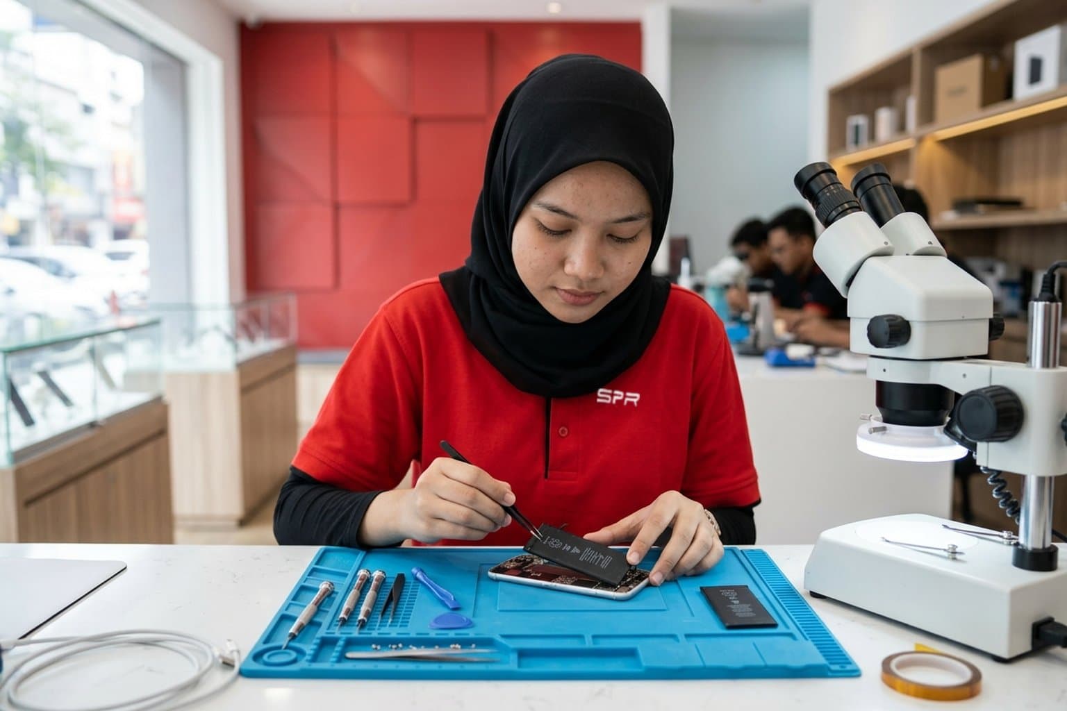Technician lifting a worn battery out of an opened iPhone on a repair-shop bench, a replacement battery and tools on a blue anti-static mat