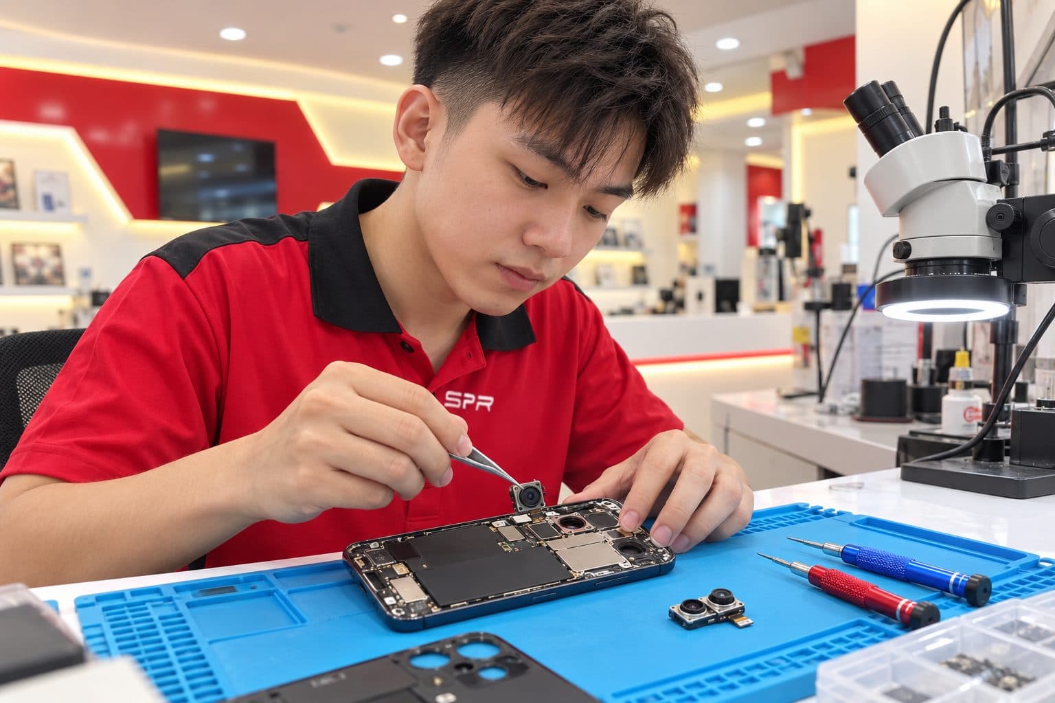 Technician using fine tweezers to lift a rear camera module out of an opened smartphone on a repair-shop bench, a replacement camera module and screwdrivers on a blue anti-static mat