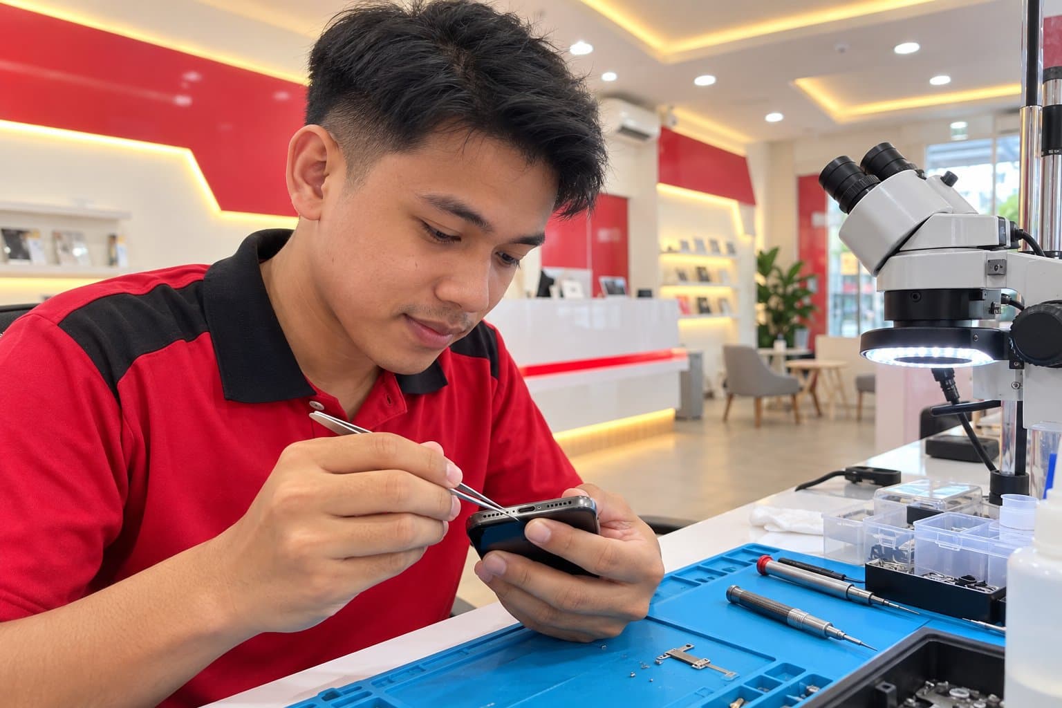 Technician cleaning and inspecting an iPhone charging port with fine tweezers on a repair-shop bench