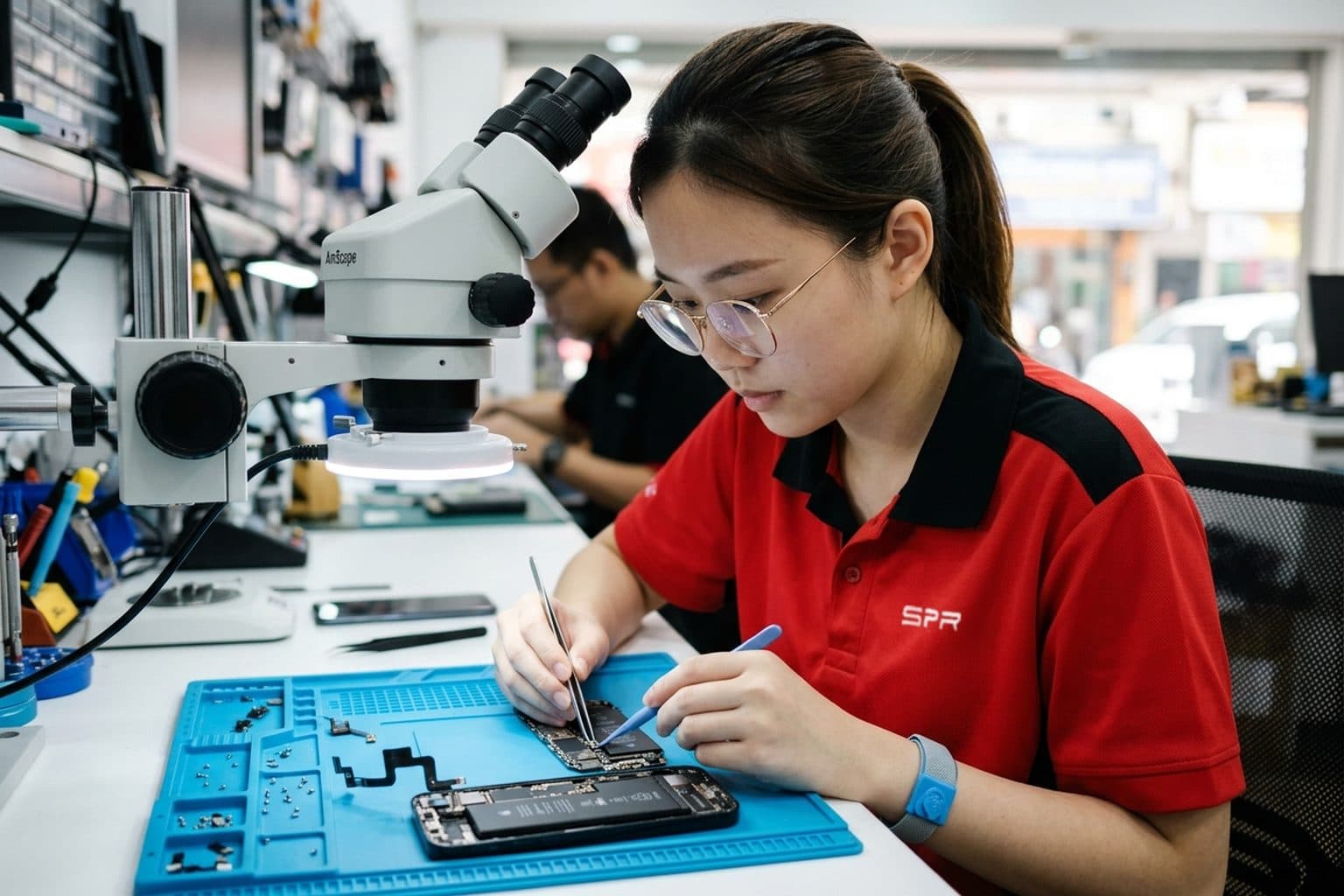 Close-up under a microscope of a technician using fine tweezers to handle a tiny front-camera and dot-projector flex cable from a smartphone on a repair-shop bench, on a blue anti-static mat