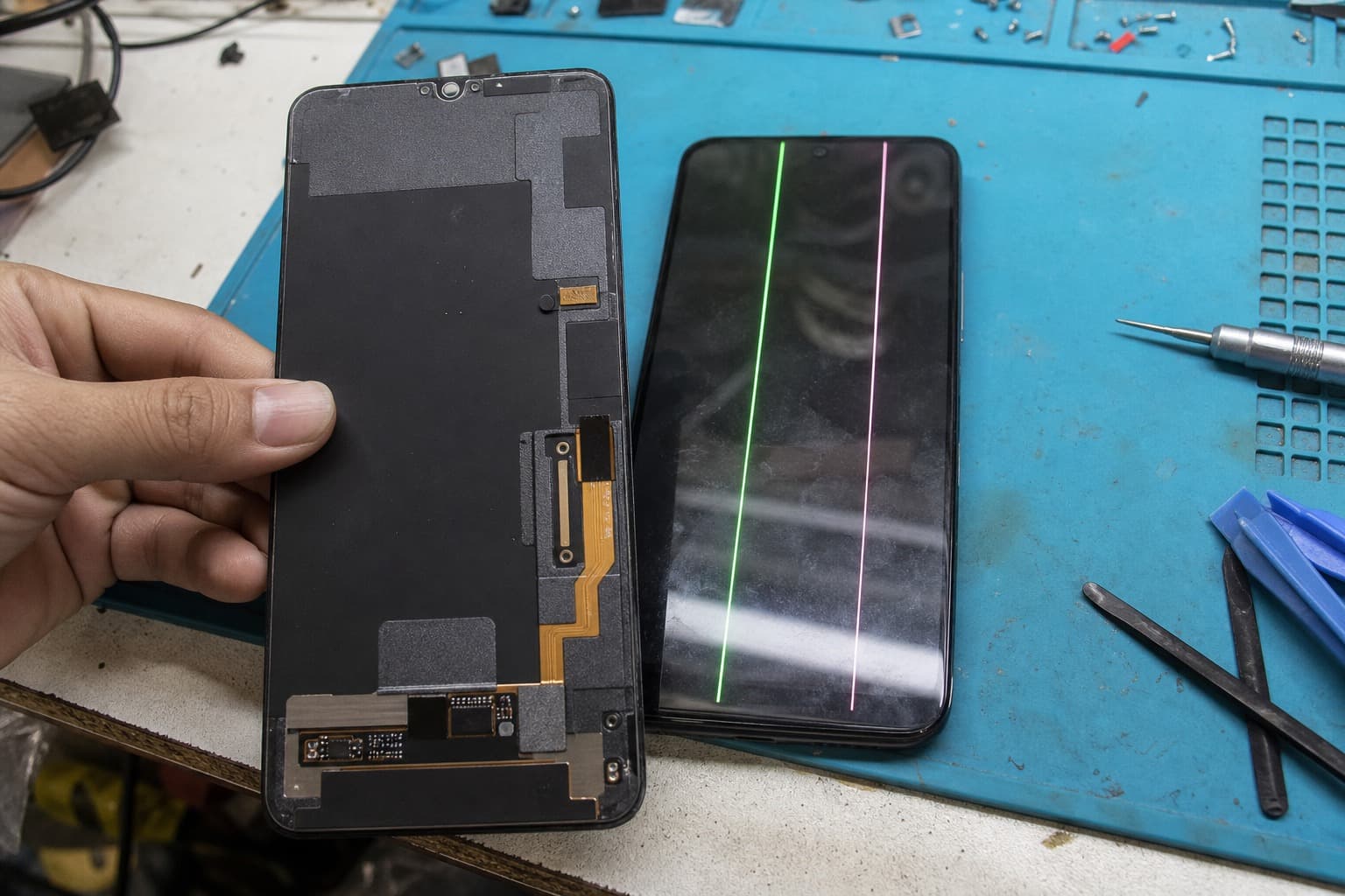 维修店工作台上一部开机的智能手机,OLED 屏幕显示竖向绿线和淡粉线,旁边放着替换显示总成和工具,蓝色防静电垫