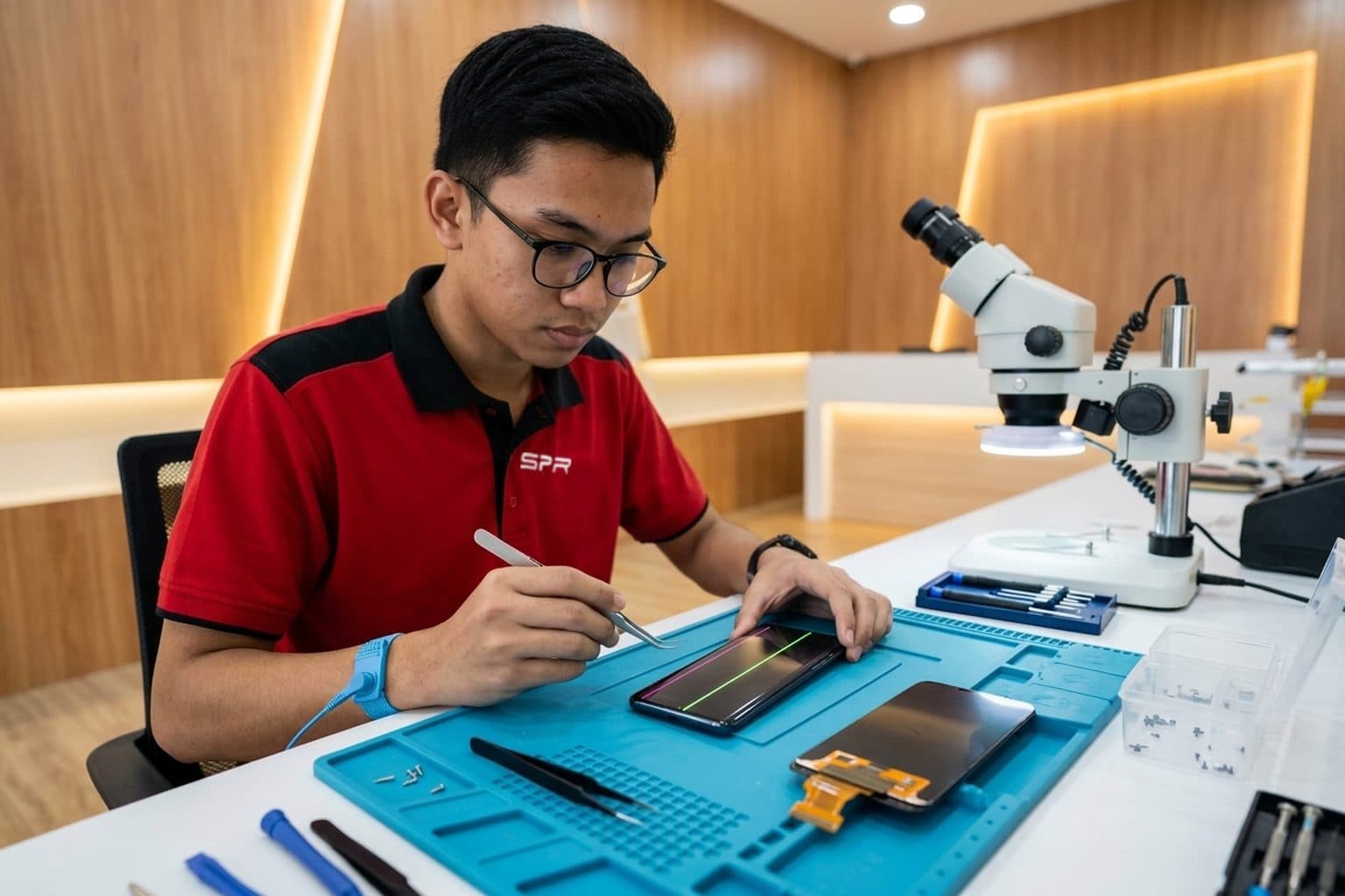 Powered-on smartphone on a repair-shop bench, its OLED screen showing a vertical green line and a faint pink line, a replacement display assembly and tools on a blue anti-static mat