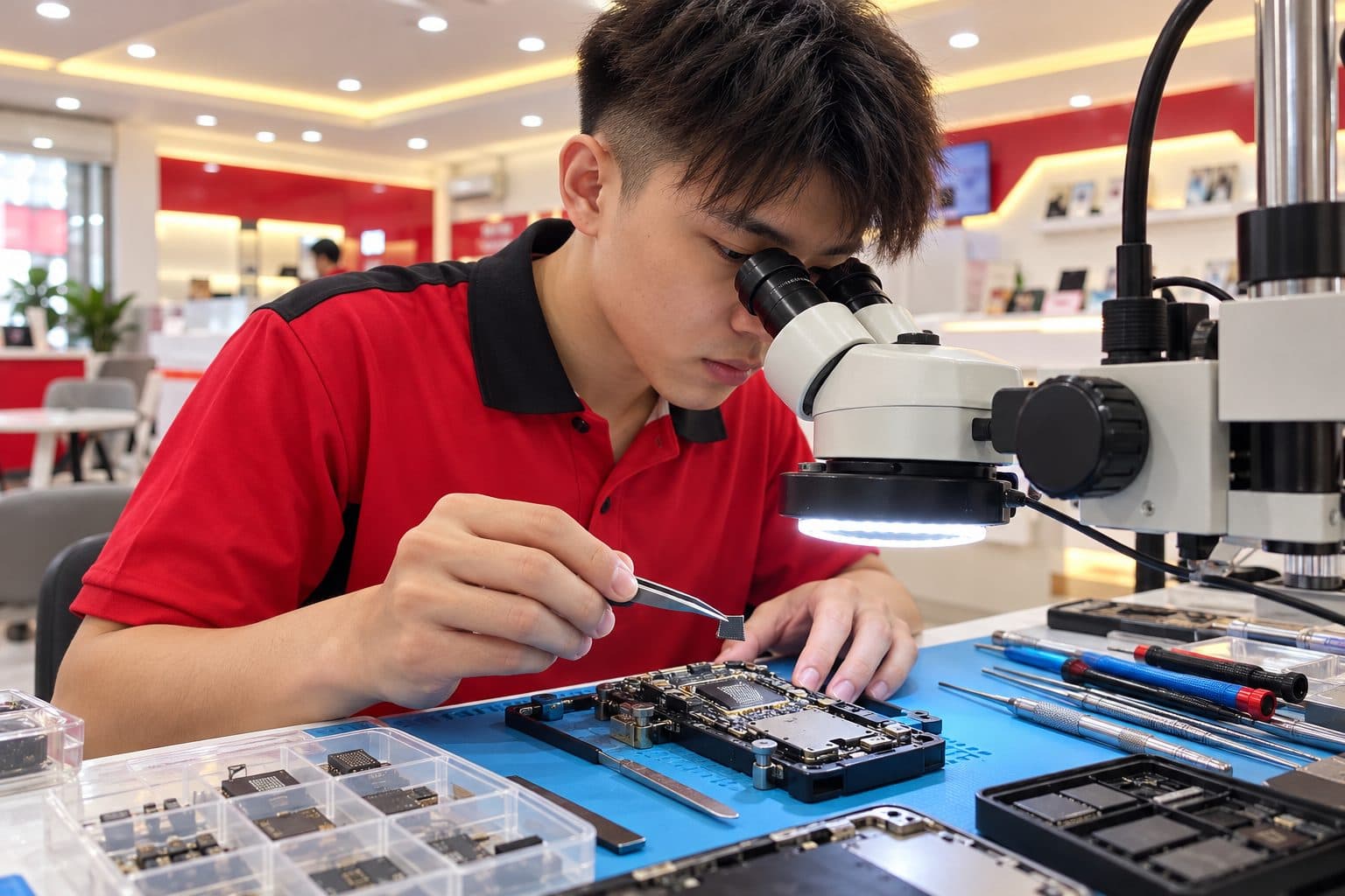 Phone logic board under rework with a storage chip lifted by tweezers, chip trays beside