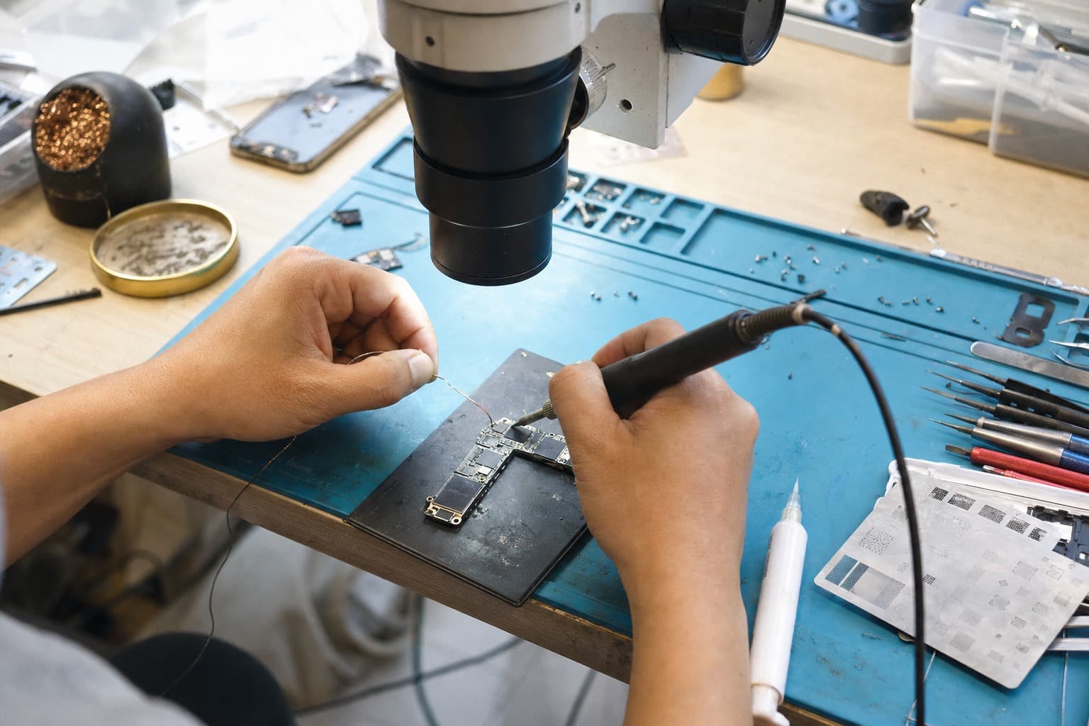 Technician's hands micro-soldering a smartphone logic board under a microscope at a Malaysian repair bench