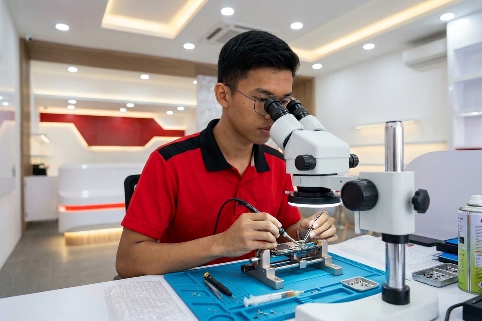 Technician's hands micro-soldering a smartphone logic board under a microscope at a Malaysian repair bench