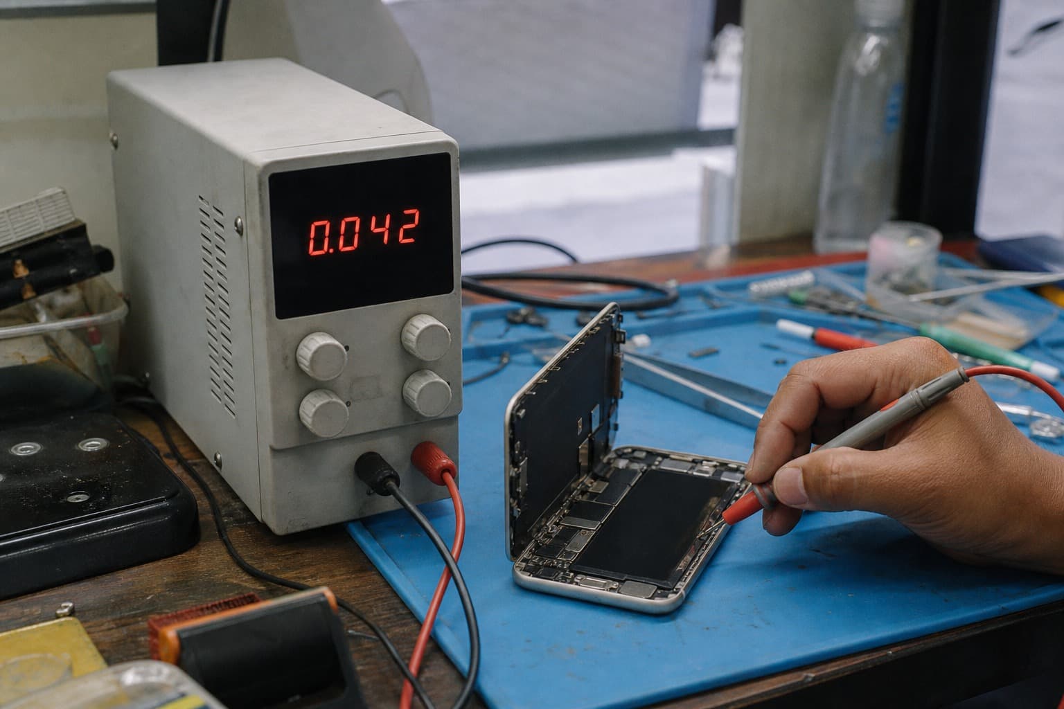 Technician probing the logic board of a dead black-screen smartphone connected to a bench power supply on a repair-shop bench, a multimeter probe and tools on a blue anti-static mat