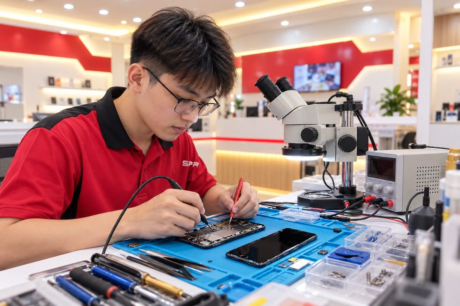 Technician probing the logic board of a dead black-screen smartphone connected to a bench power supply on a repair-shop bench, a multimeter probe and tools on a blue anti-static mat