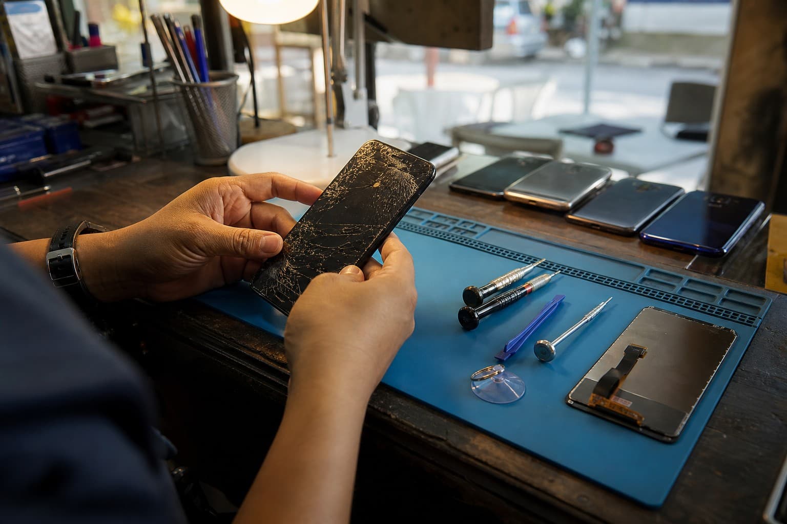 Technician at a Malaysian repair shop bench holding an iPhone with a cracked screen, replacement display and tools on a blue anti-static mat