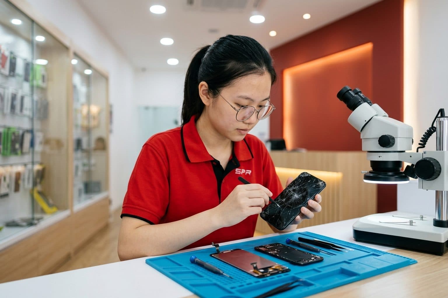 Technician at a Malaysian repair shop bench holding an iPhone with a cracked screen, replacement display and tools on a blue anti-static mat