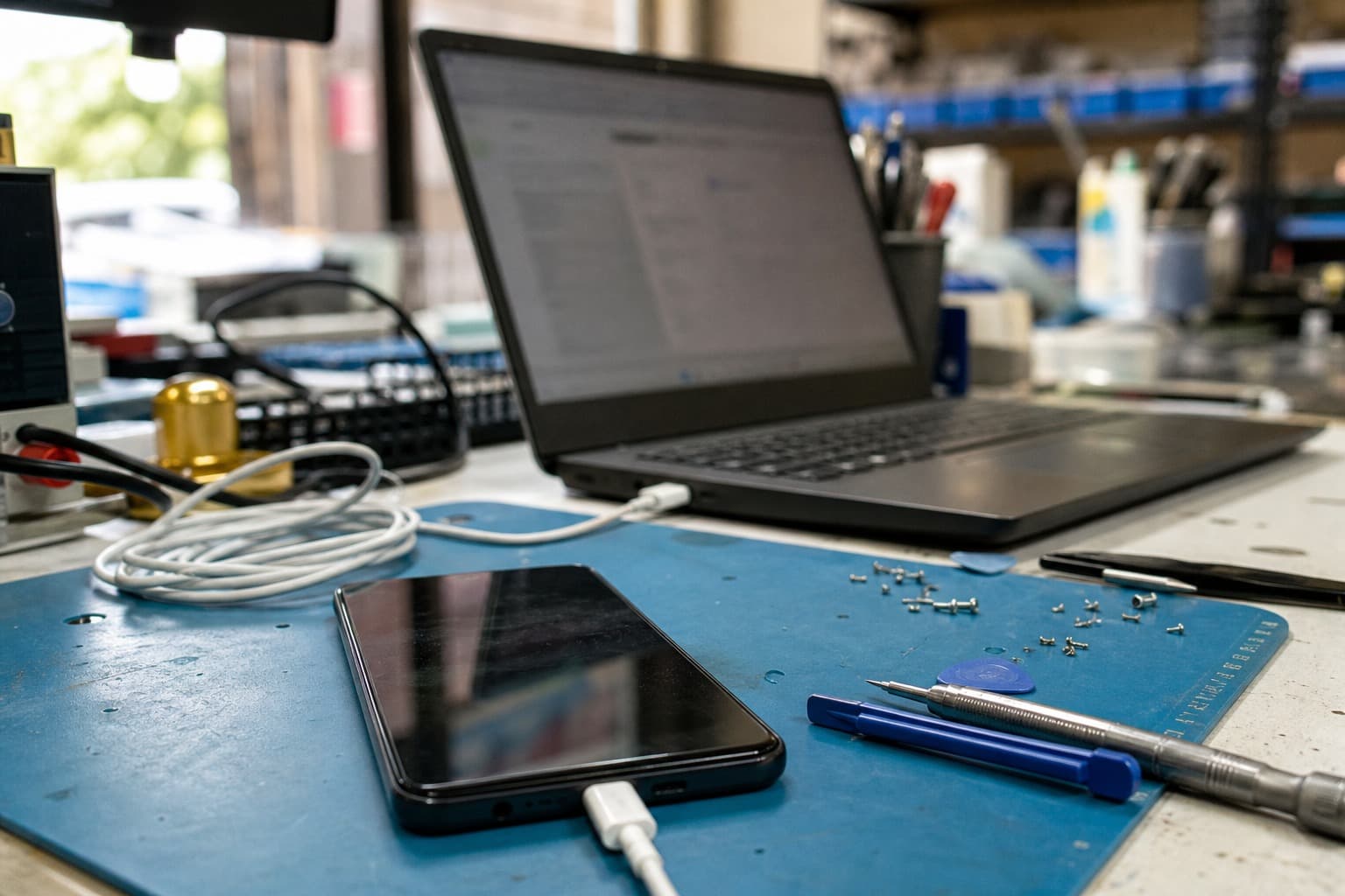 Phone connected by USB cable to a service laptop on a blue anti-static mat at a repair bench