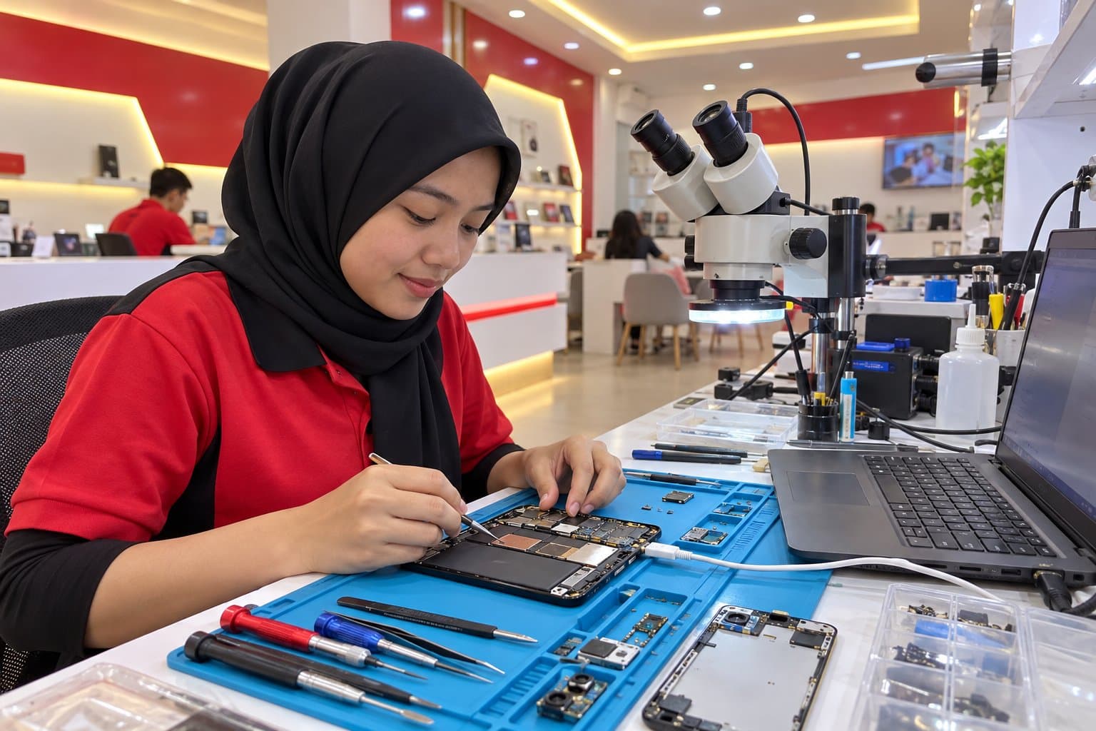 Phone connected by USB cable to a service laptop on a blue anti-static mat at a repair bench