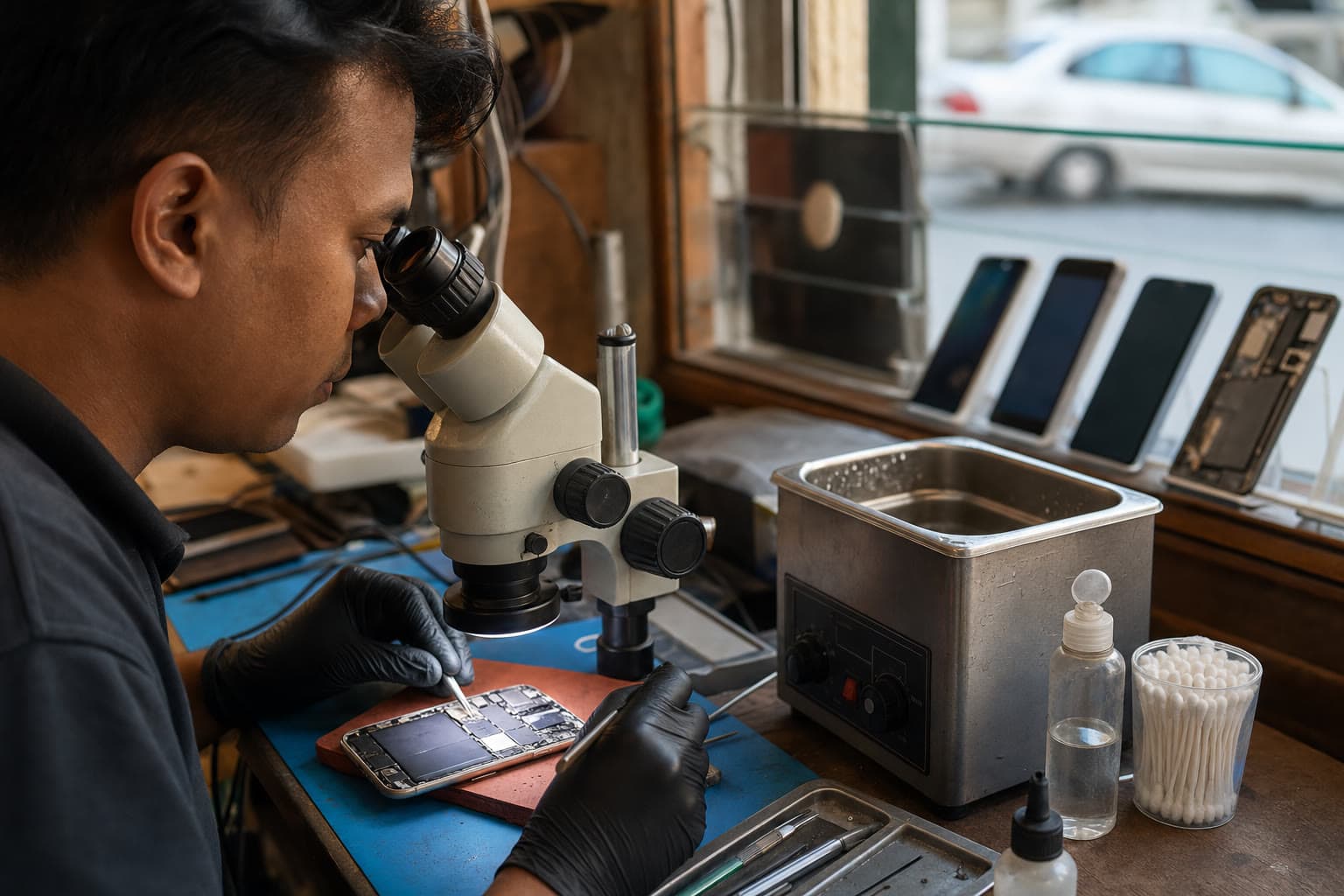 Technician inspecting a liquid-damaged iPhone logic board under a microscope at an ultrasonic-cleaning repair bench