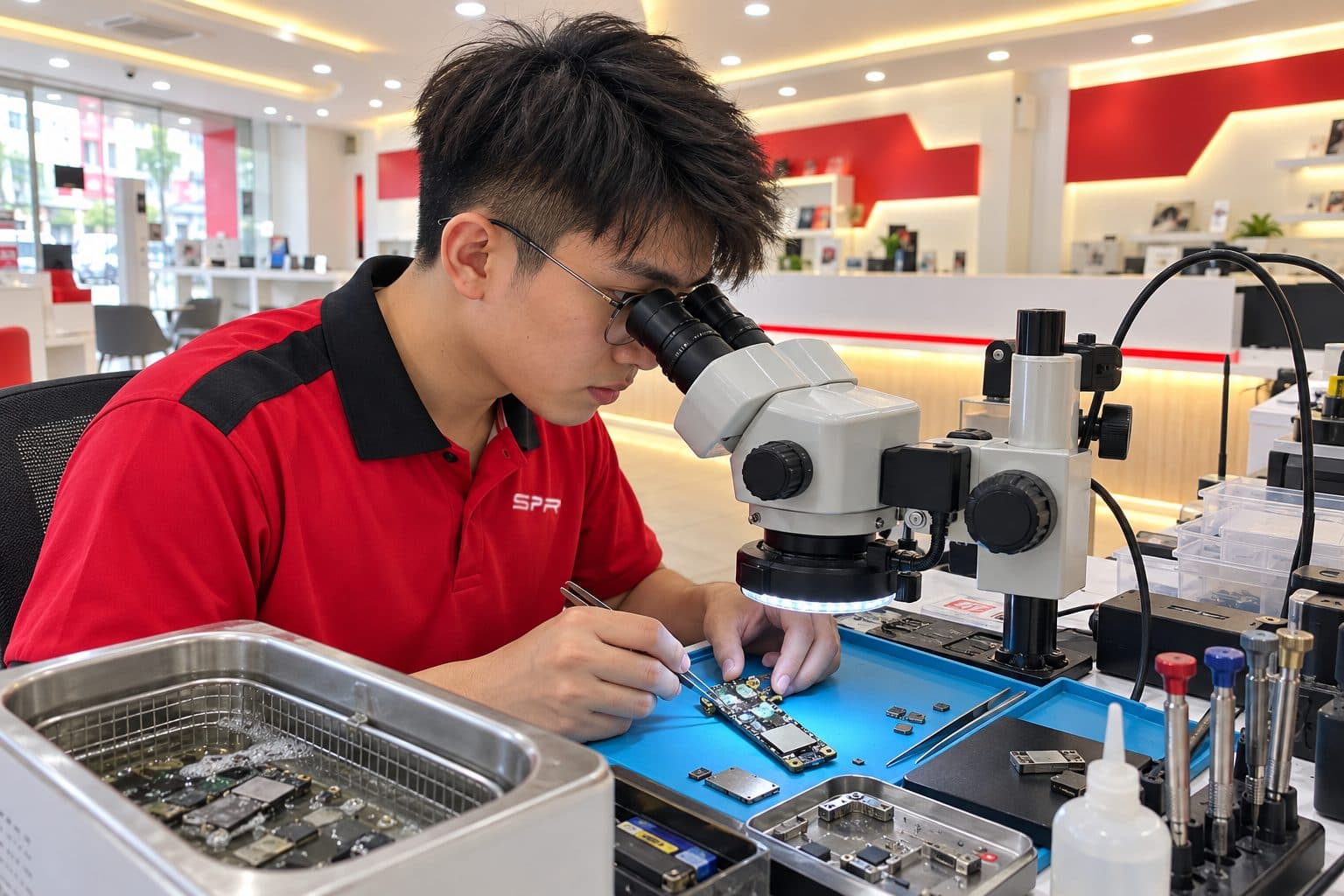 Technician inspecting a liquid-damaged iPhone logic board under a microscope at an ultrasonic-cleaning repair bench