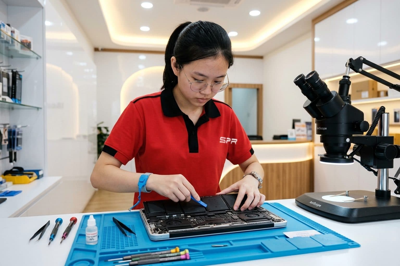 Technician peeling a multi-cell battery pack from the chassis of an opened MacBook on a repair-shop bench, pentalobe screwdrivers and adhesive remover on a blue anti-static mat
