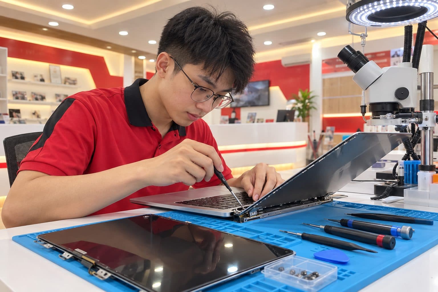 Technician working on the open display hinge of a MacBook on a repair-shop bench, a replacement laptop screen panel and torx screwdrivers on a blue anti-static mat