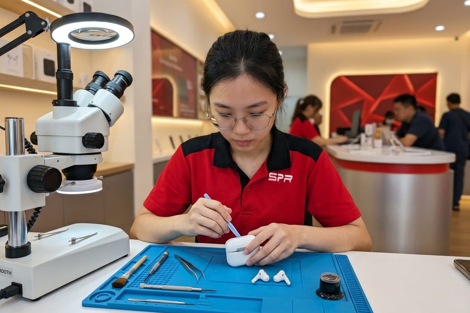 维修工作台上一对小巧无线耳机及其打开的充电盒,技师在蓝色防静电垫上用细毛刷清洁充电盒触点和耳机网罩,无 logo