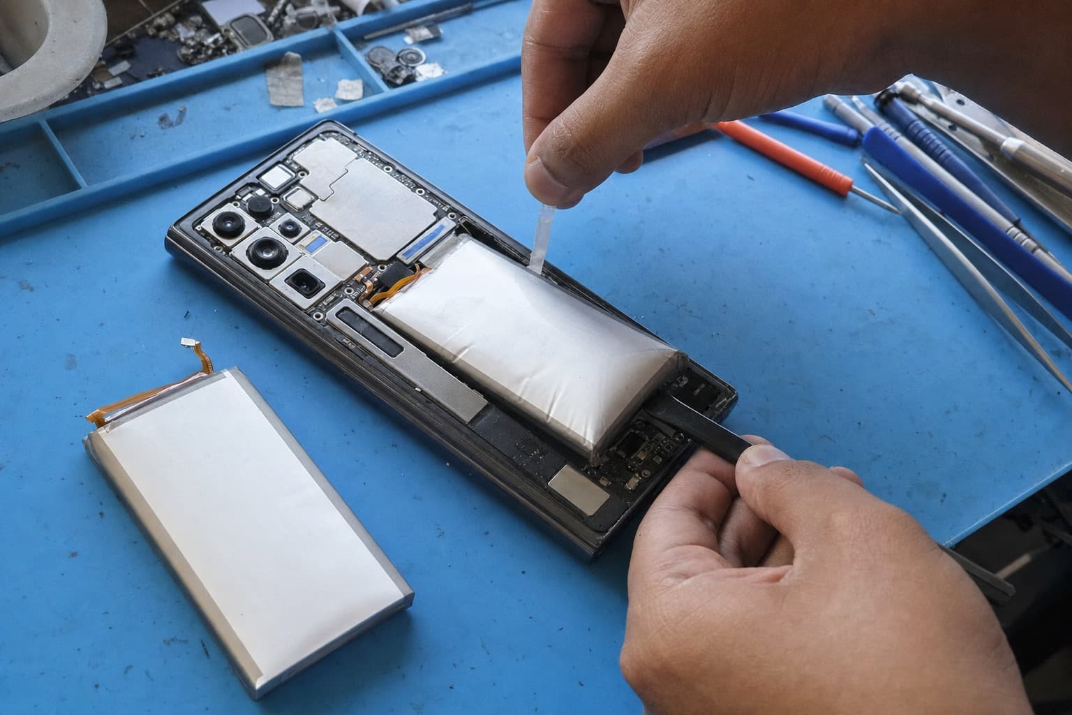 Telefon Samsung Galaxy kelas atas dibuka dari belakang di meja baiki, bateri yang sedikit kembung dikeluarkan dengan spudger plastik dan forsep, bateri ganti baharu di atas pad anti-statik biru