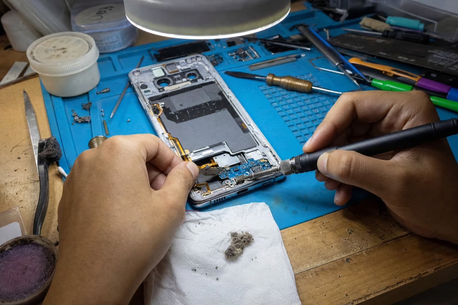 A Samsung Galaxy flagship phone disassembled on a repair bench with its USB-C charging port exposed, a technician reworking the connector with a fine-tip soldering iron under a magnifier lamp, cleaned-out pocket lint nearby