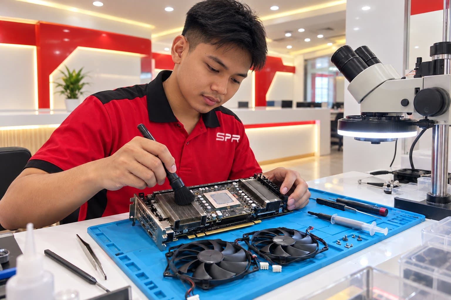A hand brushing thick dust out of the fan shroud and heatsink fins of a desktop graphics card still seated in a PC, the card visibly clogged before cleaning
