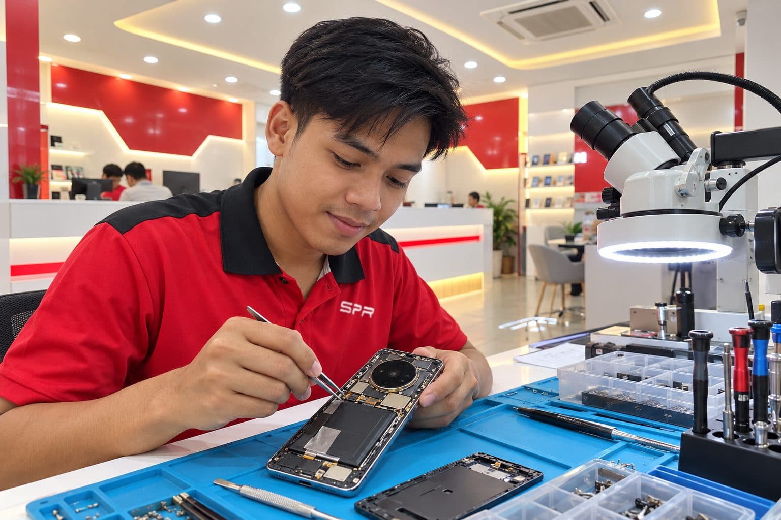 A Huawei-style Android flagship with a large circular camera island, its rear glass removed on a Malaysian repair-shop bench, a technician inspecting the board with tweezers on a blue anti-static mat, no logos