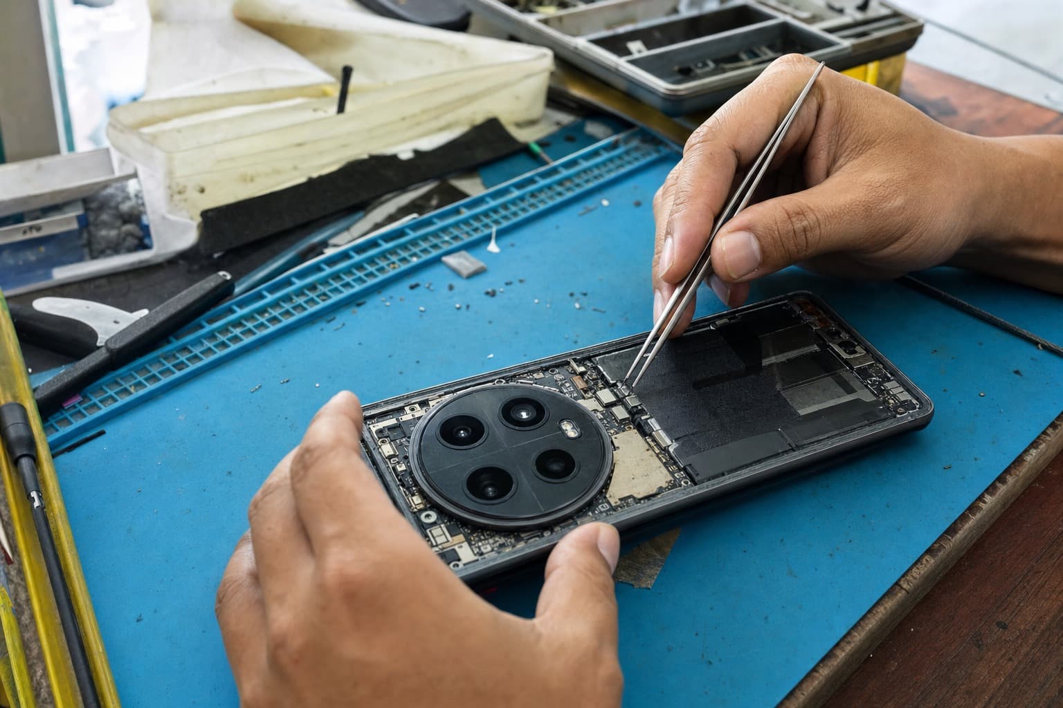 A Huawei-style Android flagship with a large circular camera island, its rear glass removed on a Malaysian repair-shop bench, a technician inspecting the board with tweezers on a blue anti-static mat, no logos