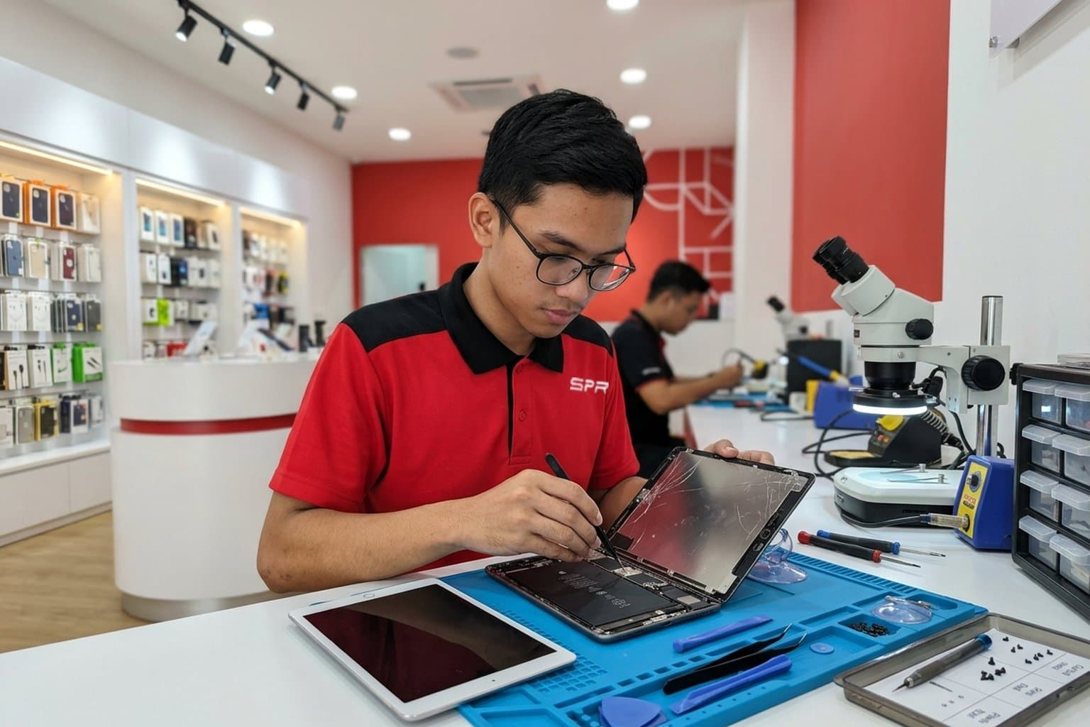A large tablet on a repair bench with its front glass partially separated from the body by a thin pry tool, a replacement screen panel resting nearby on a blue anti-static mat, no logos