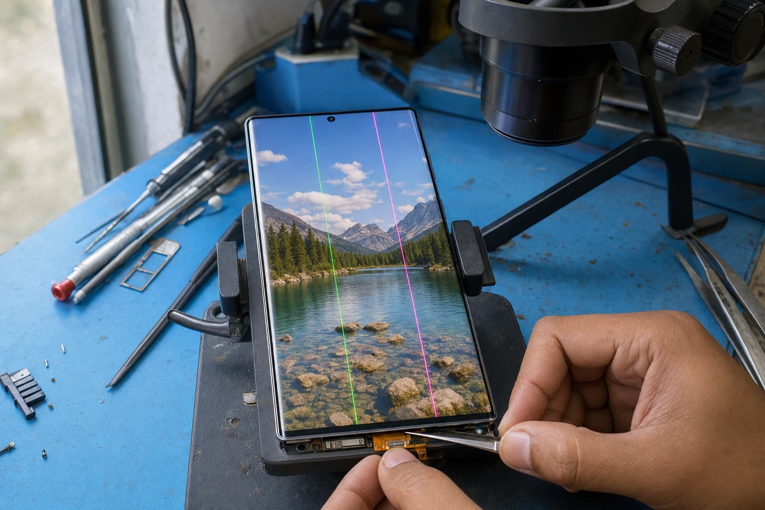 马来西亚维修店工作台上一部开机的三星 Galaxy 高端旗舰手机,AMOLED 屏幕只显示一两条竖向细绿线和粉线,技师在显微镜下重新插好显示排线接口——板级修复、无需整屏更换,蓝色防静电垫