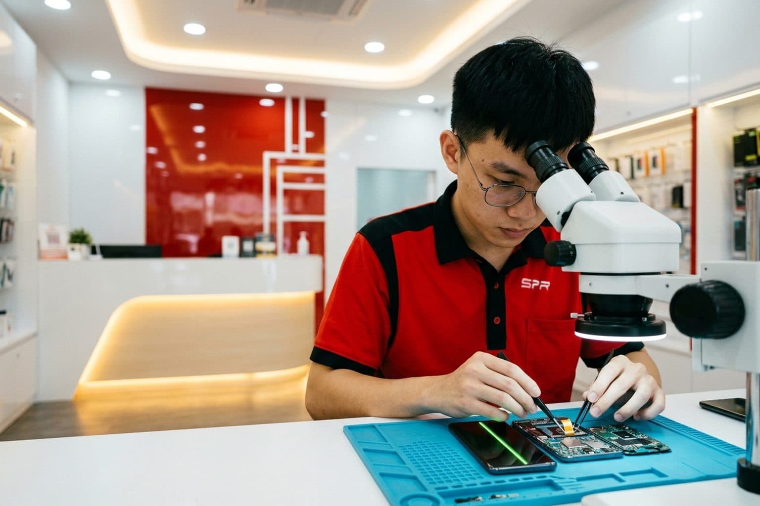 Telefon pintar Samsung Galaxy kelas atas yang dihidupkan di meja kedai baiki di Malaysia, skrin AMOLED hanya menunjukkan satu atau dua garisan menegak hijau dan merah jambu halus sementara juruteknik memasang semula penyambung ribbon paparan di bawah mikroskop — pembaikan peringkat papan, tanpa tukar panel penuh, di atas pad anti-statik biru