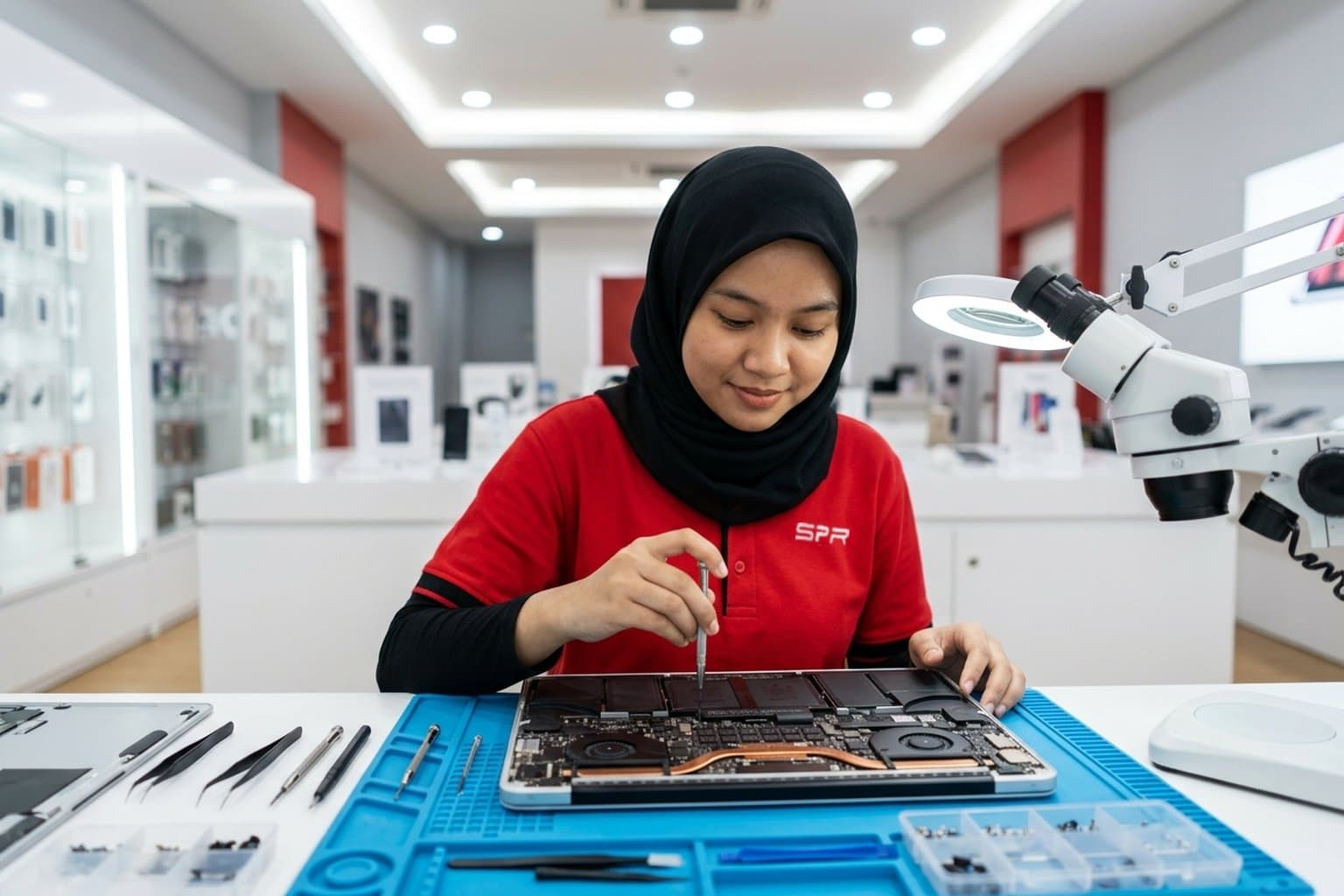 Komputer riba aluminium nipis diterbalikkan di meja baiki dengan penutup bawahnya ditanggalkan, mendedahkan bateri dalaman lebar dan papan logik, juruteknik bekerja dengan pemutar skru jitu di atas pad anti-statik biru, tiada logo