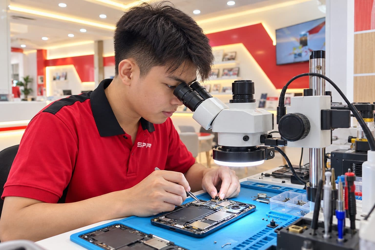 A OnePlus-style Android flagship logic board clamped under a microscope while a technician does micro-soldering rework on a tiny chip with a fine soldering tip, blue anti-static mat, no logos