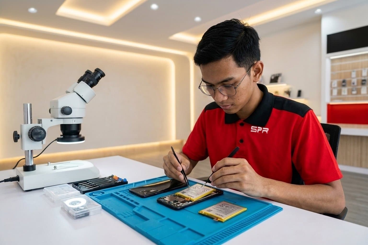 Telefon Android nipis gaya Oppo dibuka di meja baiki dengan bateri sedikit kembung dikeluarkan menggunakan spudger plastik, bateri ganti rata di sebelahnya di atas pad anti-statik biru, tiada logo