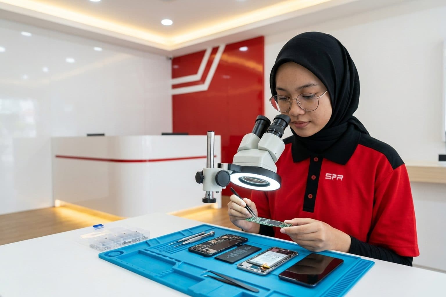 Telefon Android gaya Realme dibuka sepenuhnya di atas pad anti-statik biru selepas kerosakan cecair, papan utamanya yang berkarat dibersihkan dengan berus lembut di sebelah dulang pembersih ultrasonik, tiada logo