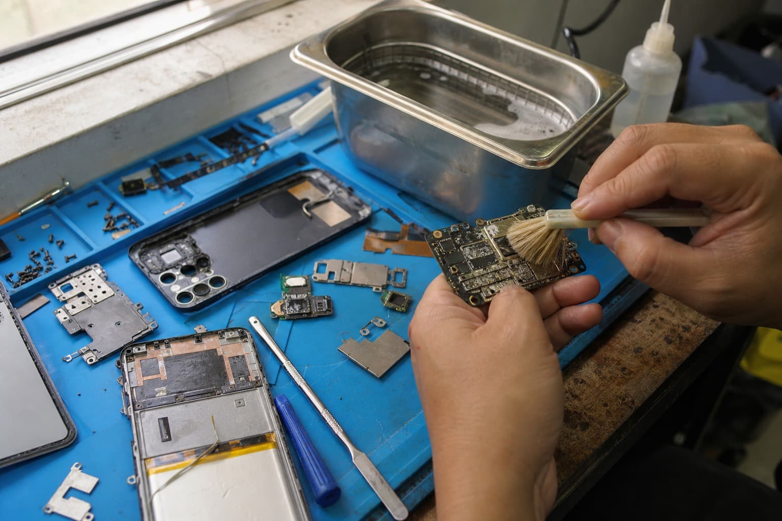 A Realme-style Android phone fully disassembled on a blue anti-static mat after liquid damage, its corroded mainboard being cleaned with a soft brush beside an ultrasonic cleaner tray, no logos